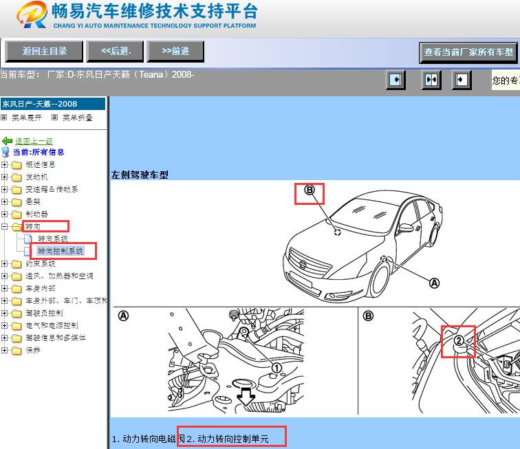 2008年日产天籁动力转向控制单元位置图