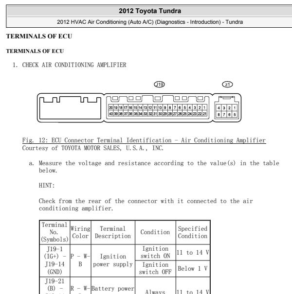 2012年进口丰田坦途空调放大器针脚定义