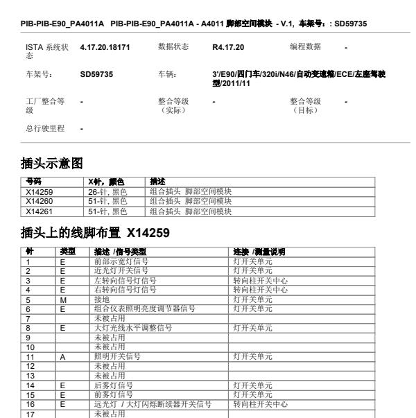 2012年宝马320i脚步空间针脚图