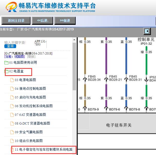 2017-2019年广汽传祺GS4电子手刹电路图