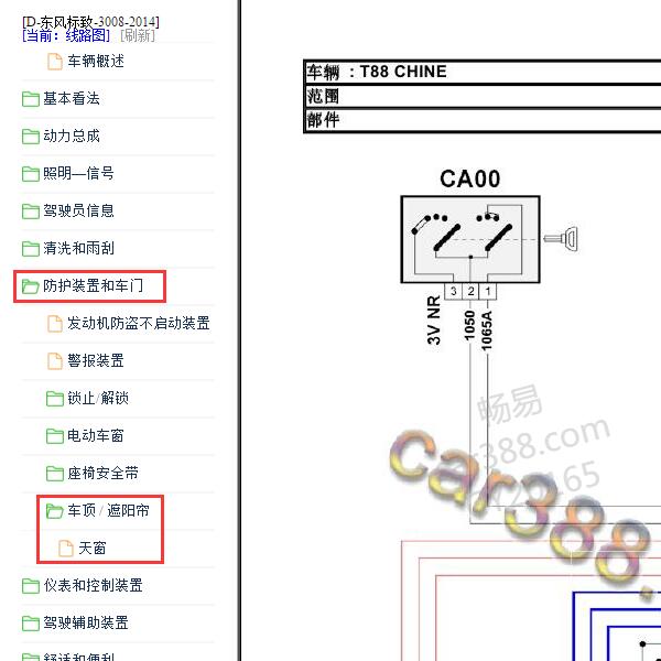 2014年东风标致3008天窗卷帘电路图