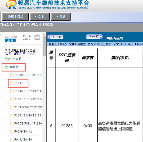 2022年江铃汽车-域虎7故障码P1285维修手册