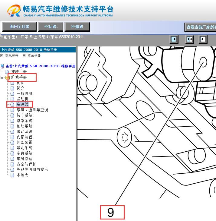 2010-2011年荣威550 AW55变速箱换挡电磁阀E位置