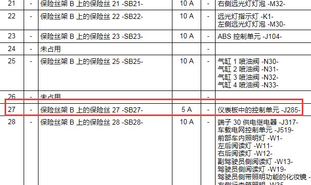 2009年大众POLO 27号保险丝说明资料