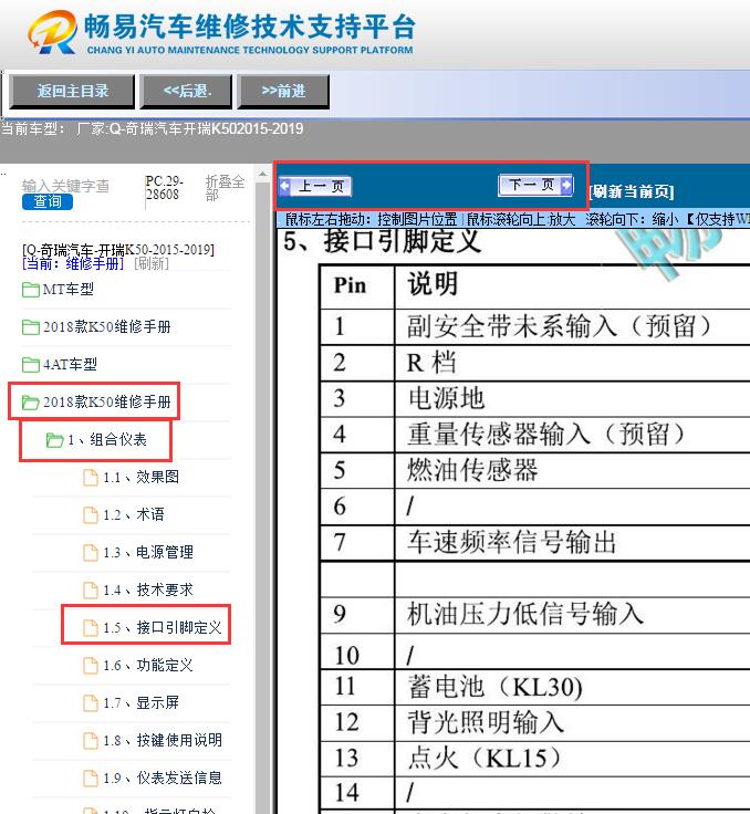 2015-2019年奇瑞开瑞K50  仪表针脚定义