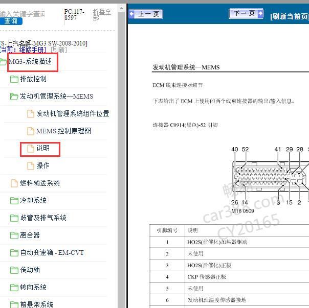 2008年名爵MG3 发动机针脚