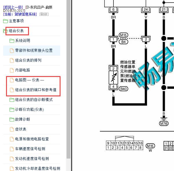 2015年启辰D50仪表电路图与针脚