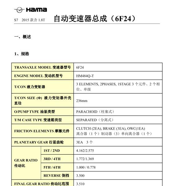 2015年海马S7变速箱6F24维修手册