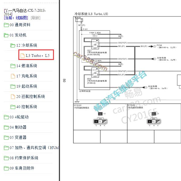 2013-2014年马自达CX-7 发动机风扇电路图