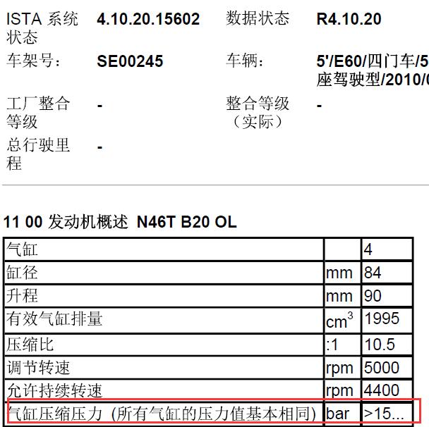 2010年宝马520Li N46发动机气缸压力值.