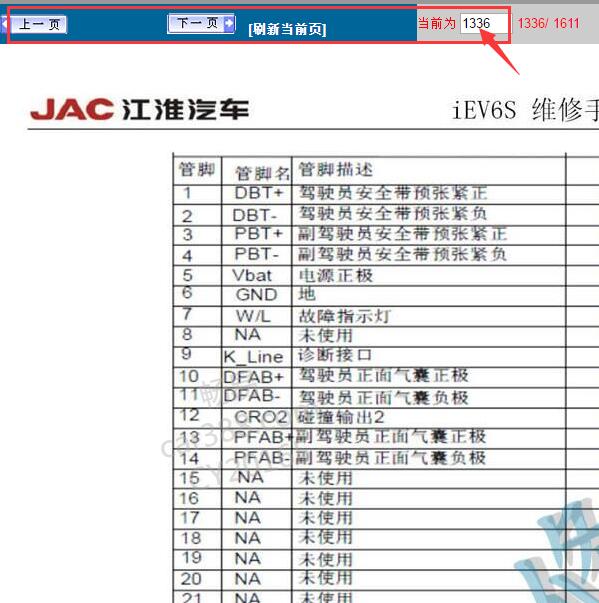 2017年江淮iEV6E 气囊系统针脚定义