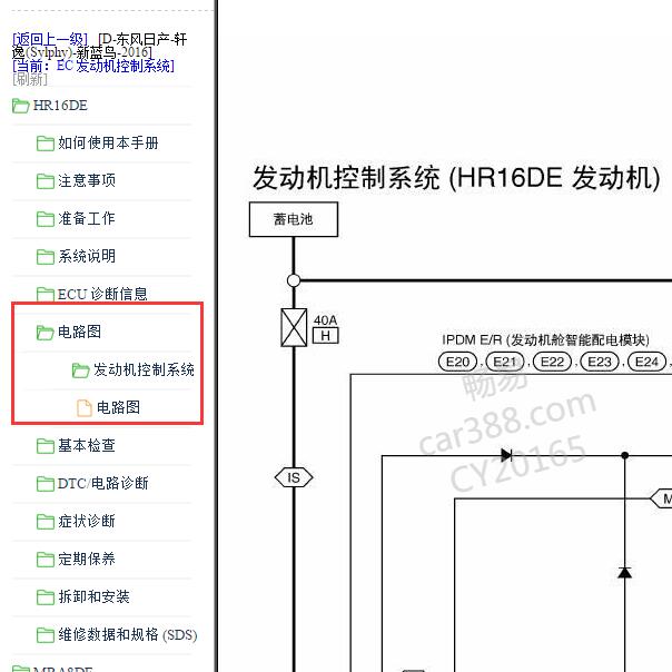 2016年日产轩逸蓝鸟 HR16发动机电路图.