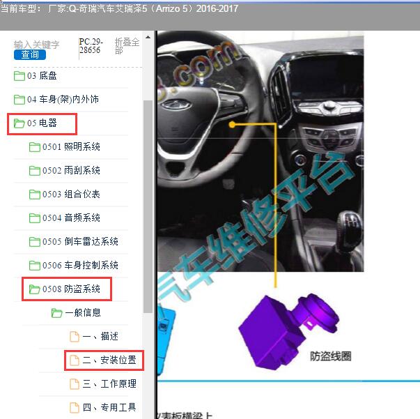 2016-2017年奇瑞汽车-艾瑞泽5（Arrizo 5）防盗盒位置