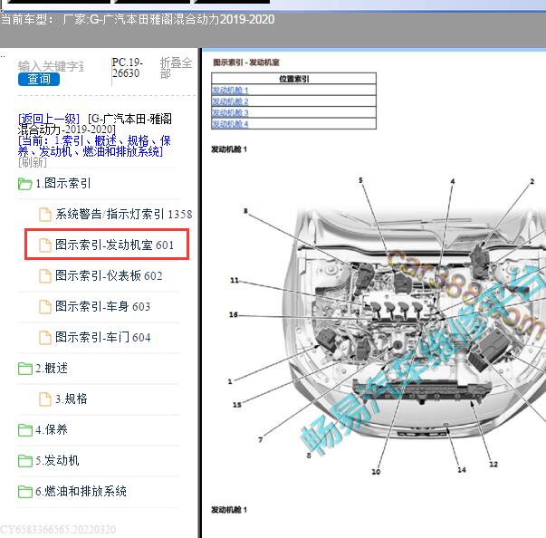 2020年本田雅阁发动机系统部件位置图