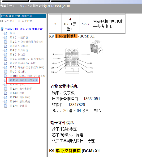 10年别克君越车身电脑针脚图