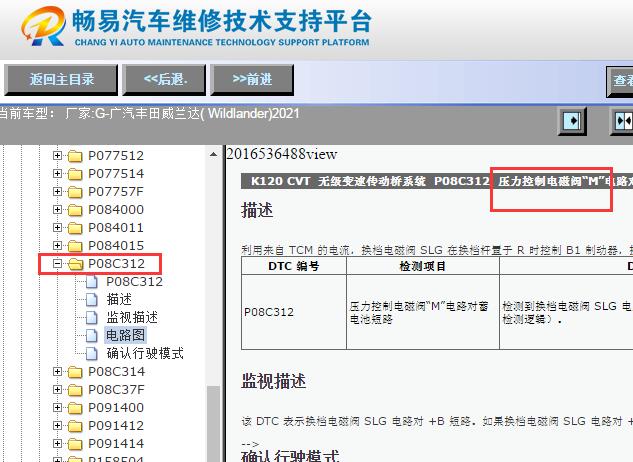 2021年丰田威兰达变速箱压力电磁阀M电路图
