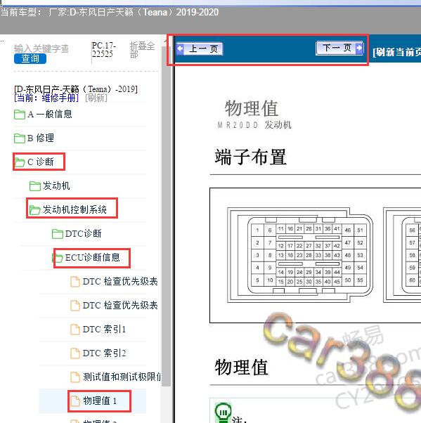 2019-2020年日产天籁MR20发动机电脑针脚图