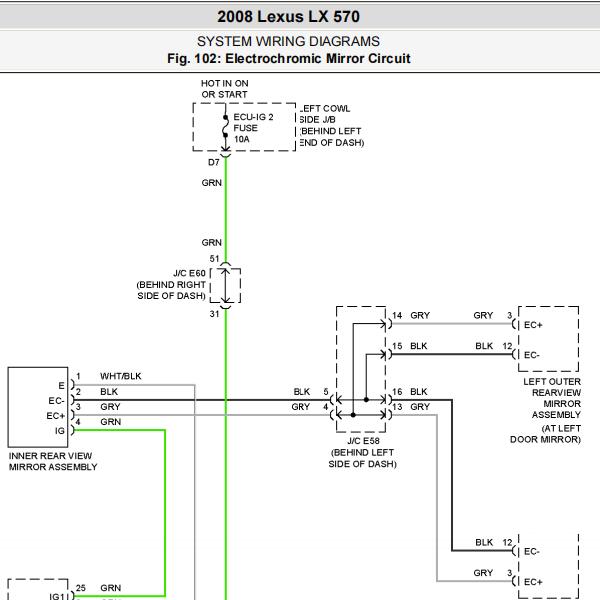 2008年雷克萨斯LX570  倒车镜电路图