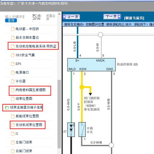 2014-2015年天津一汽-威志V5 发动机燃气防盗电路图及针脚