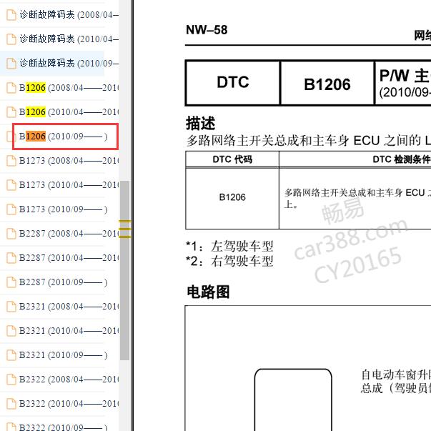 2011年丰田埃尔法 B1206故障码资料