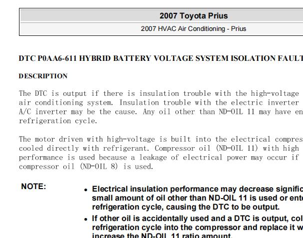 2007年丰田普锐斯P0AA6故障码资料