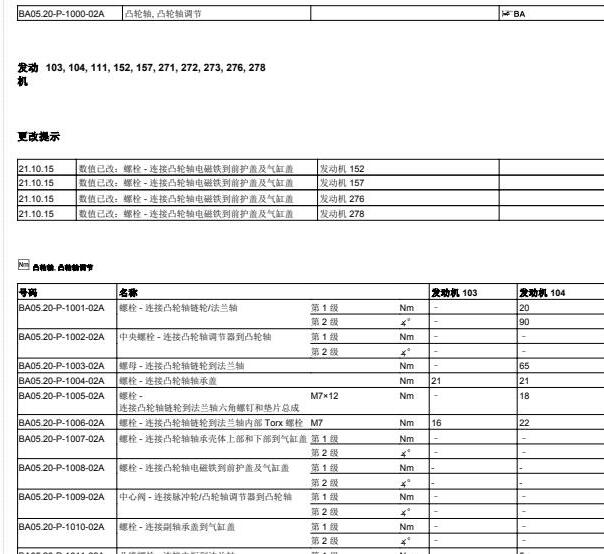 2011年奔驰E260缸盖凸轮轴扭矩