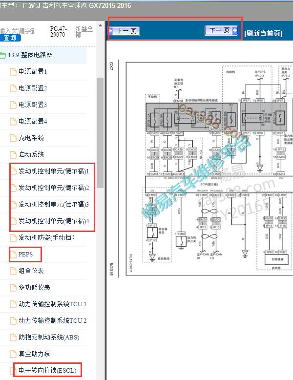2015-2016年吉利全球鹰GX7发动机和智能和转向锁电路图