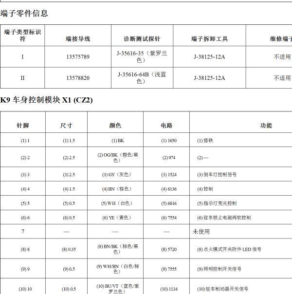 2017年别克君威车身模块针脚定义