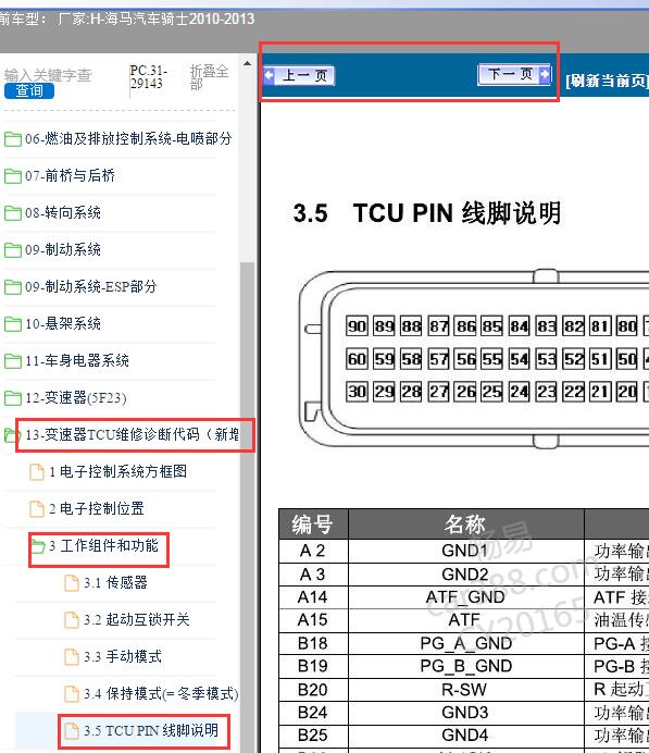 2010-2013年海马骑士变速箱针脚定义