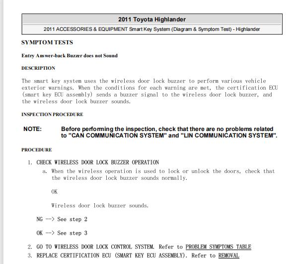 2011年丰田汉兰达防盗和门锁故障诊断资料