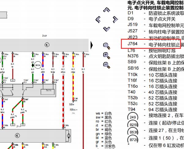 2012年大众迈腾转向柱锁电路图