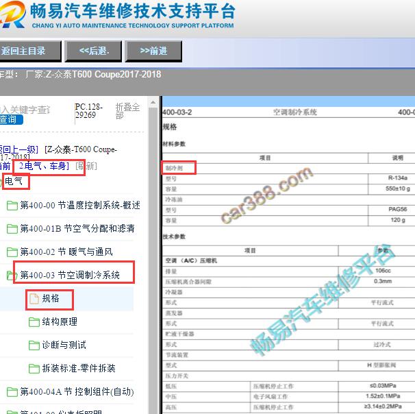 2017-2018年众泰T600 Coupe制冷剂加注量