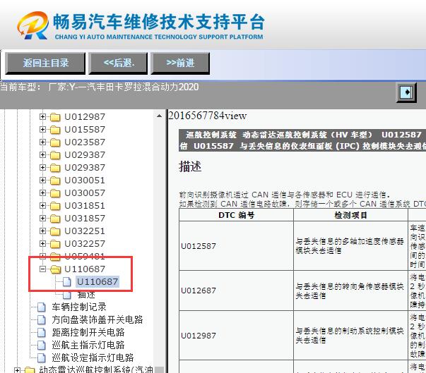 2020年丰田卡罗拉混动版U1106故障码资料
