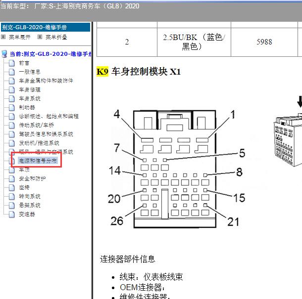 2020年别克GL8 车身模块针脚图
