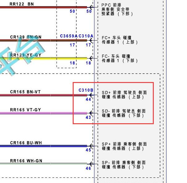 2014年福特翼搏驾驶员侧碰撞传感器电路图