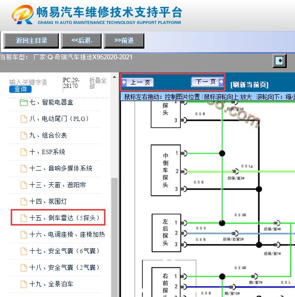 2020-2021年奇瑞捷途X95倒车雷达电路图