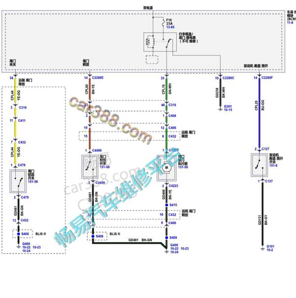 2019年福特猛禽F150 尾门开关电路图 
