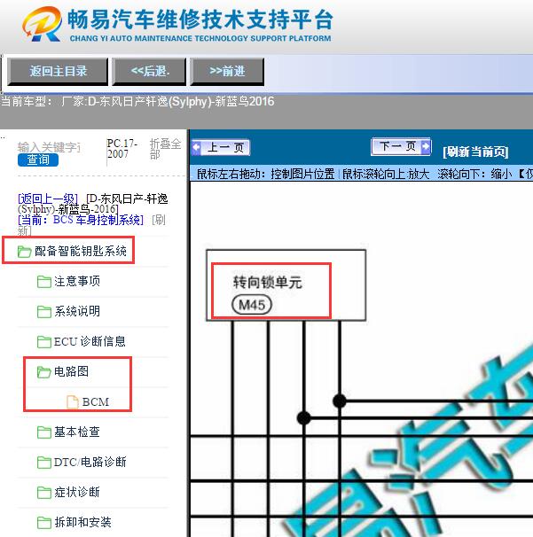 2016年日产轩逸蓝鸟  转向柱锁电路图[