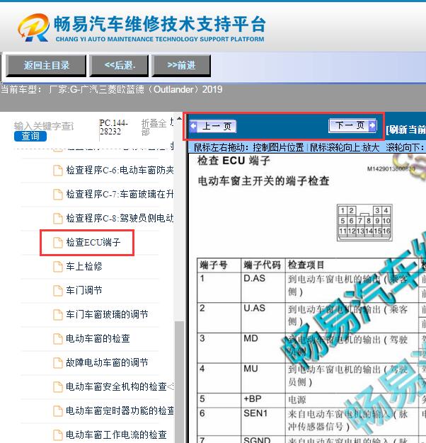 2019年三菱欧蓝德  车窗针脚定义