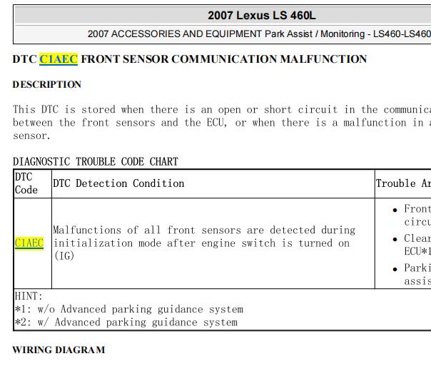 2007年雷克萨斯LS460停车系统故障码C1AEC维修流程