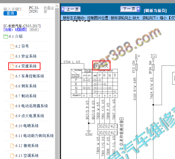 2017年长安CS35变速箱档位开关电路图