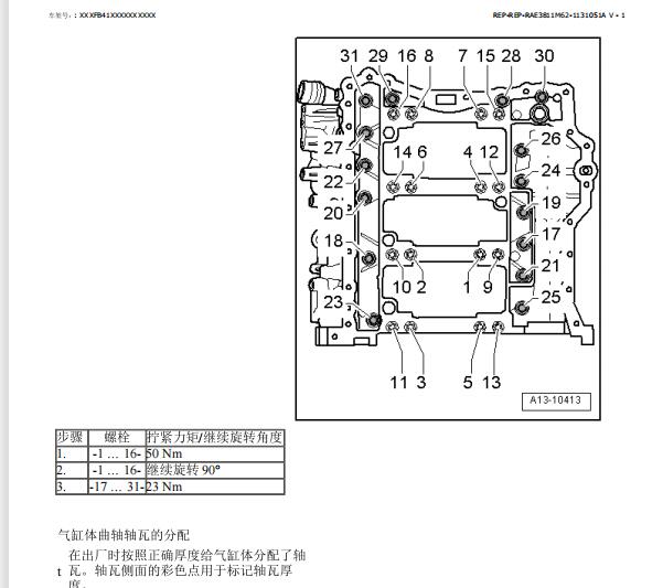 2013年大众途锐发动机缸体和曲轴箱拆装扭矩资料