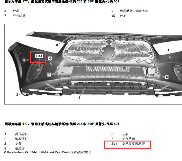 2019年奔驰A180 车外温度传感器位置和风扇电路图