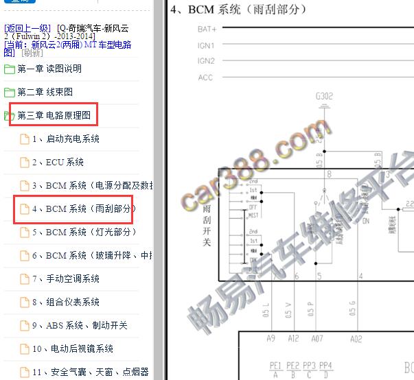 2013年奇瑞风云2雨刮保险丝电路图