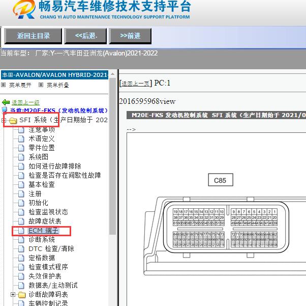 2021-2022年一汽丰田-亚洲龙(Avalon)发动机电脑端子图