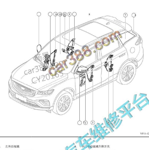 2021年吉利豪越 车窗系统部件位置