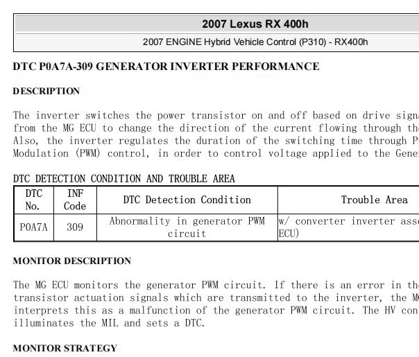 2007年雷克萨斯RX400h P0AA7和P0A7A故障码资料