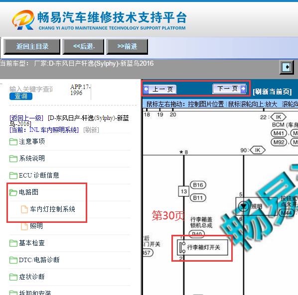 2016年日产轩逸行李箱灯电路图