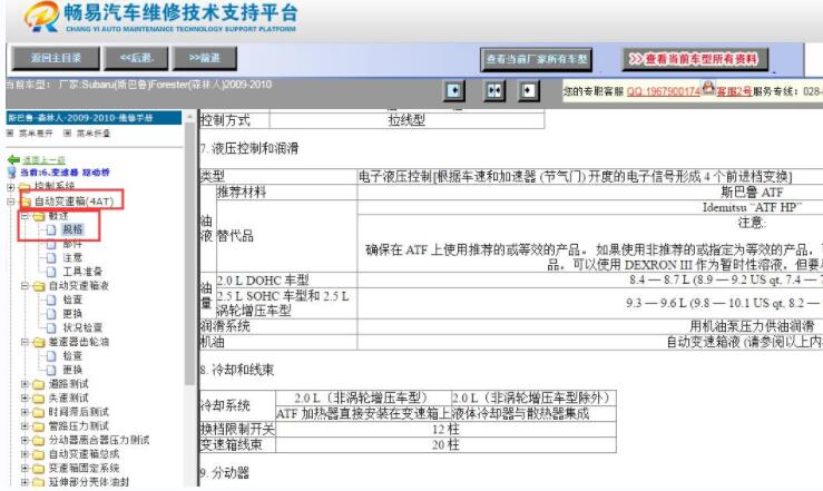 2009-2010年斯巴鲁森林人变速箱油资料