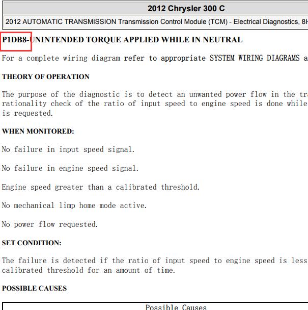 2012年克莱勒斯300C P1DB8故障码资料